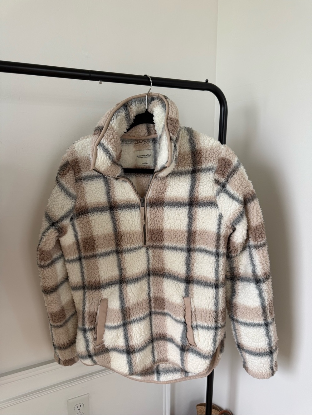 Abercrombie & Fitch Cream and Brown Plaid Sherpa Half-Zip Hoodie